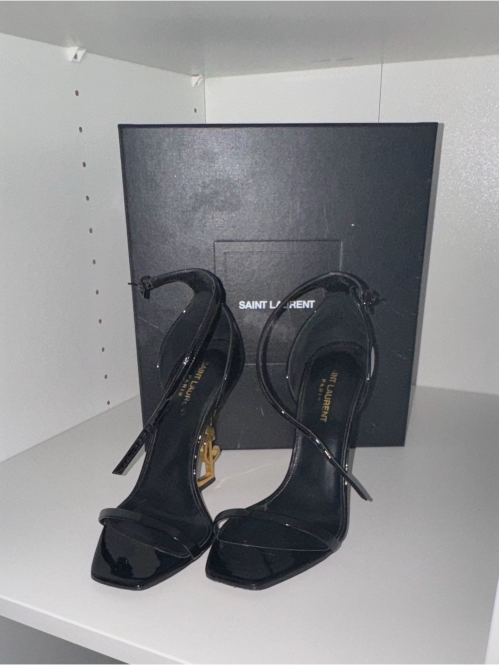 Saint Laurent Black Patent Leather Stiletto Sandals with Gold Accent